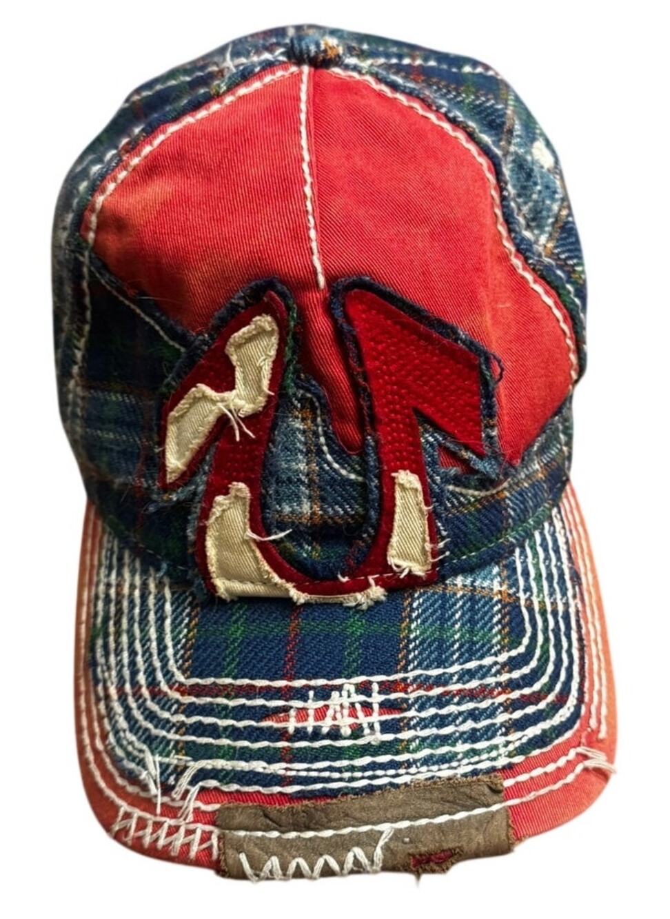True Religion Y2K Patchwork Plaid Horseshoe Logo Distressed Trucker Hat